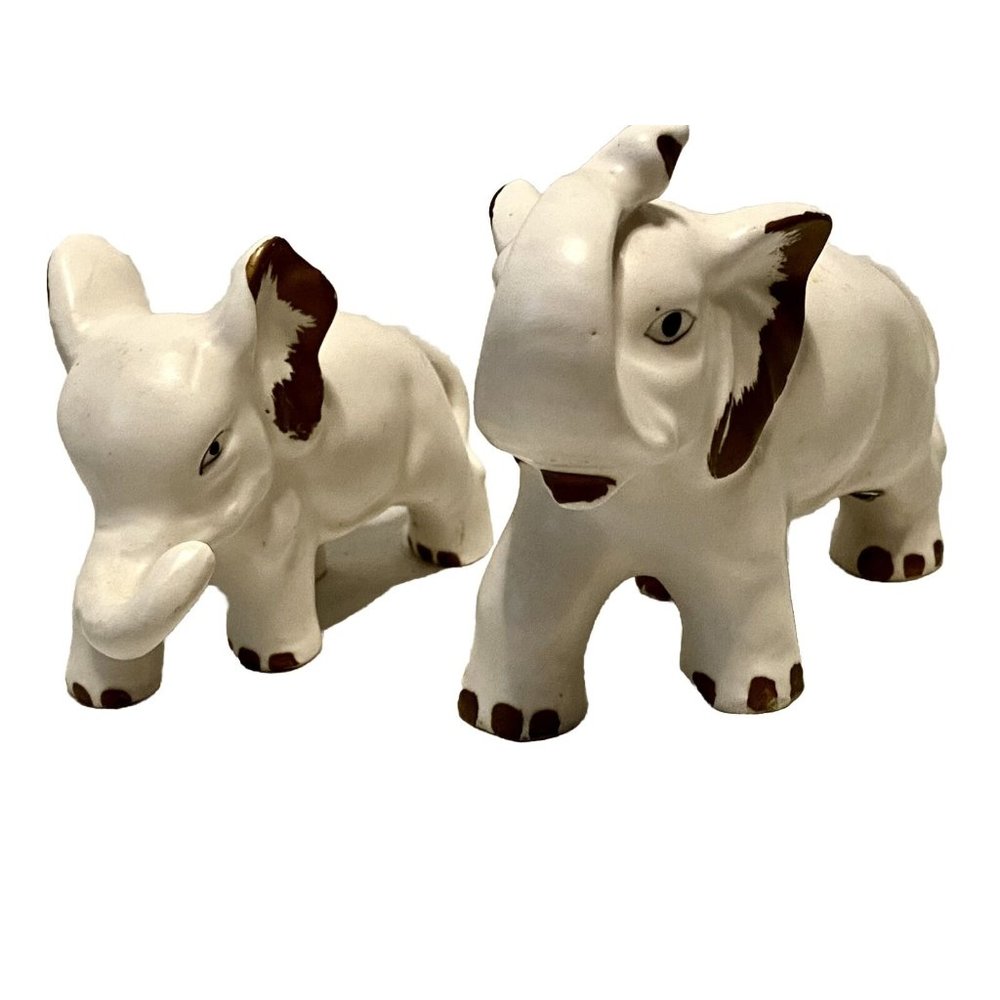Vintage Norcrest Japan Porcelain White Elephants Set Of Two 4-6 In Gold Accents